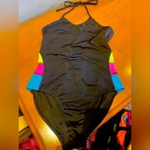 New Girls size 16 halter bathing suit with multicolor side cut out and back